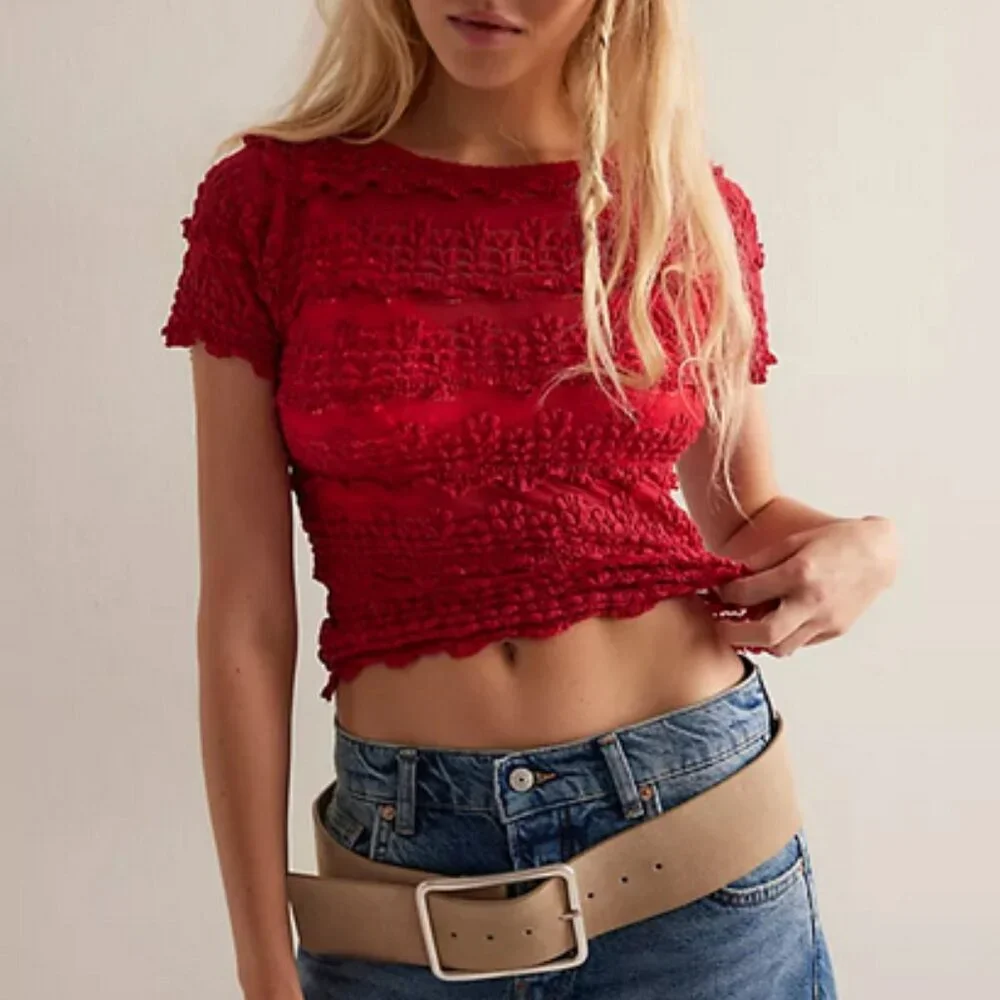 Free People Angelina Lace Tee Fp One Mesh Striped Blouse Top L